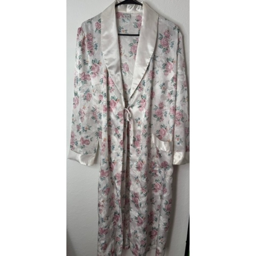 Kathryn Vintage Floral Satin Robe White Pink Rose Jacquard Long Dressing Gown L